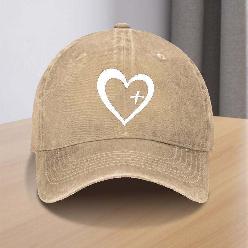 Christian Heart Cross Baseball Cap Unisex Polyester Distressed Denim Look Casual Church Hat