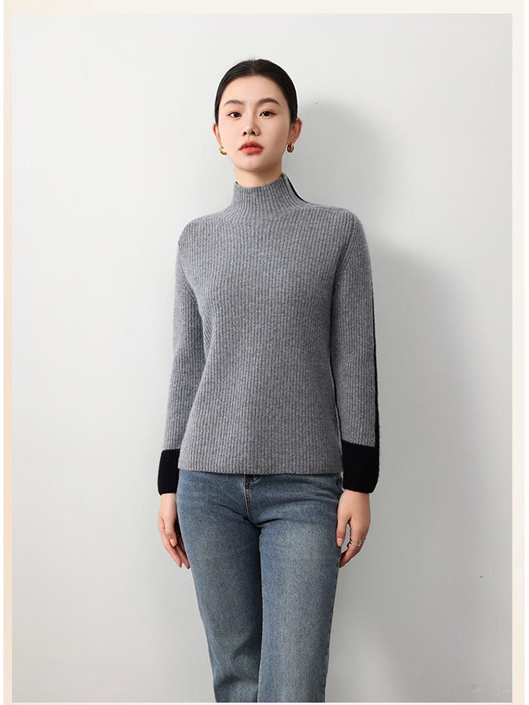European & American Style Color Block Wool Pullover: Women's Slimming, Semi-High Neck, Autumn/Winter Fashion Knitted Sweater.