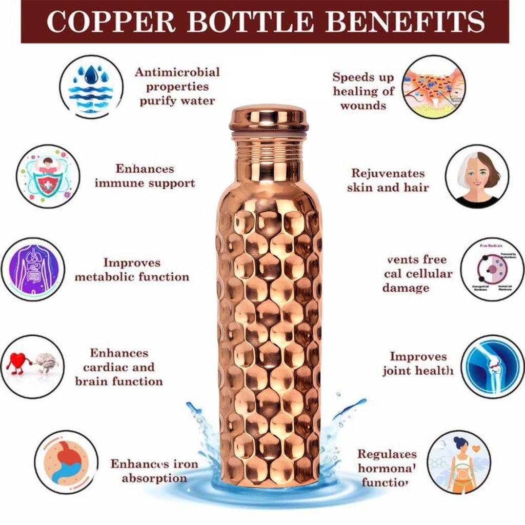 Copper Water Bottle 100% Pure Ayurvedic Copper BPA Free Leak Proof, Water Flask Kitchen Accessory Fancy Diamond Bottles