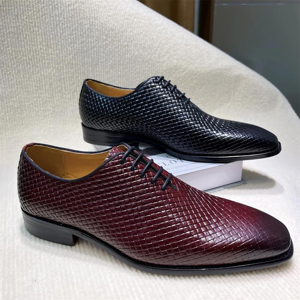 Fashion Elegant Handmade Cowhide Dress Shoes for Men Lace-Up Pointed Toe Plaid Red Breathable Leather High-Quality Sizes 39-46