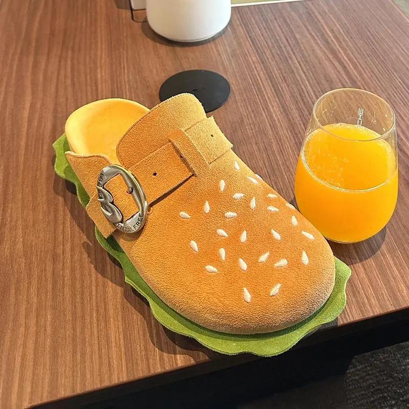 

Fashion Yellow Hamburger Fashion Slippers Adult Metal Belt Buckle Soft Flat Outwear Thick-Soled Casual Beach Sandals Shoe For Women 42 жёлтый