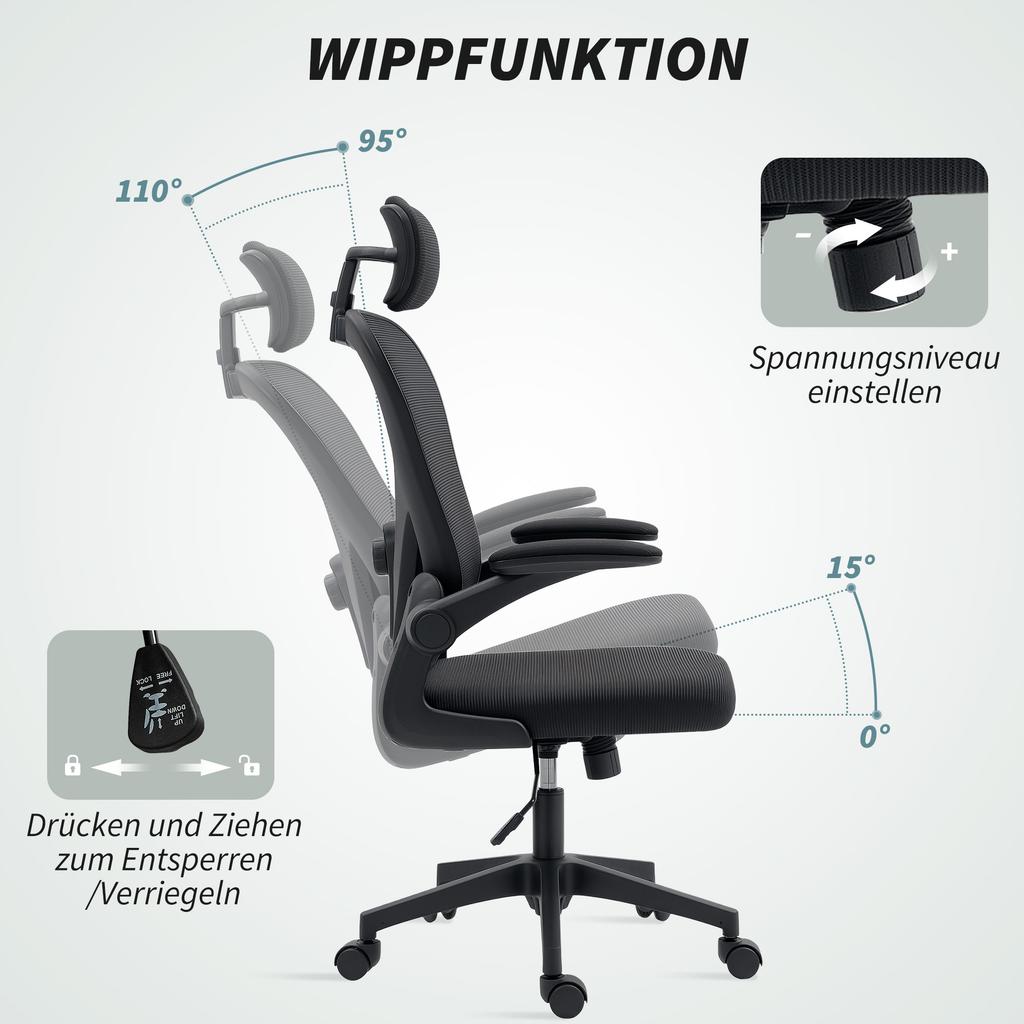 Office Chair, Ergonomic Desk Chair with Flip-Up Armrests, Adjustable Lumbar Support, Black
