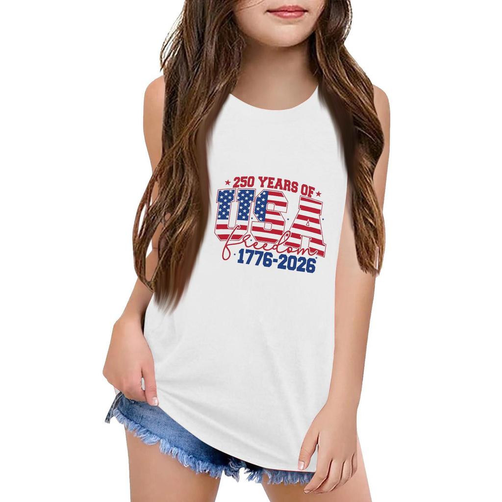 Girls  Kids Summer Crewneck Sleeveless Shirts Tank Tops Independence Day