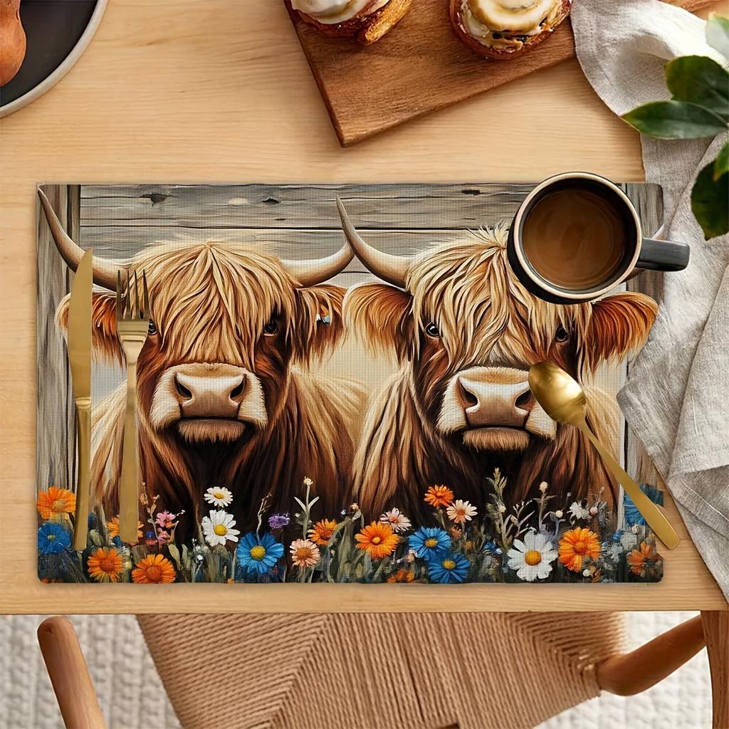 4pcs/6pcs Highland Cow Farmhouse Floral Pattern Placemats, Suitable for Kitchen And Dining Room Decor, Home Decoration, Scene Decoration, Seasonal
