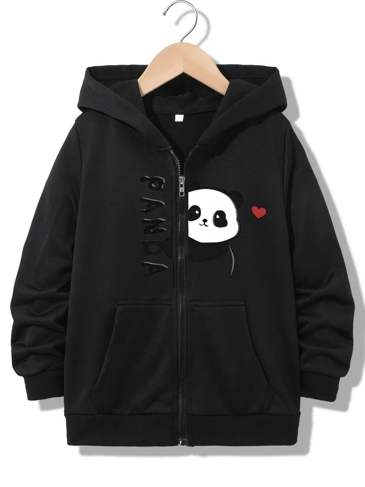 Kids Black Zip Up Hoodie Split Peeking Panda Red Heart And Vertical Panda Letter Graphic Long Sleeve Pocket Casual Hooded Jacket