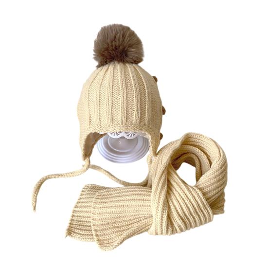 2 Pcs Kids Winter Hat Scarf Set Soft Cable Knitted Pom-Pom Hat Warm Scarf Set for Boys Girls Toddlers