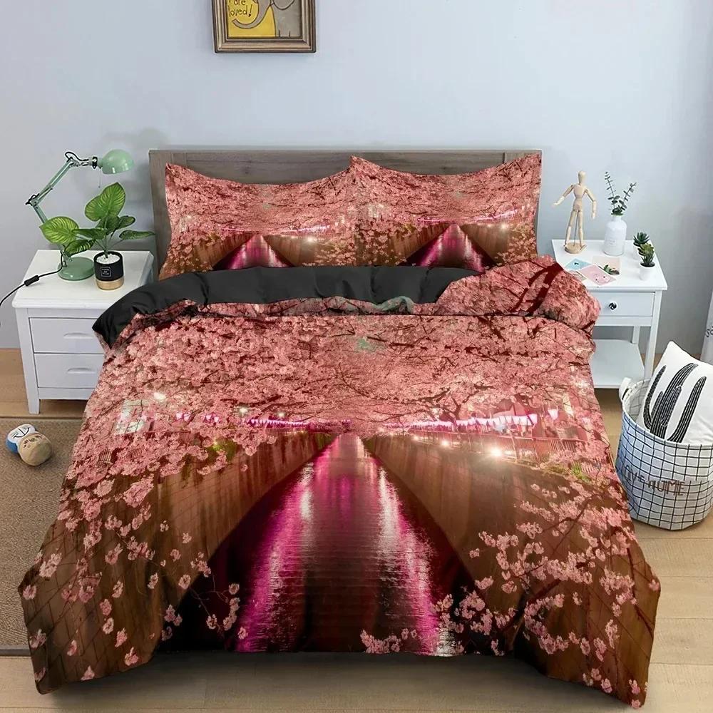 

New Beautiful Cherry Blossoms Pattern Bedding Set Bedroom Flowers Scenery Duvet Cover Set Pillowcase King Double Twin Bedclothes 70x133cm 2pcs
