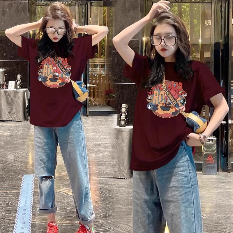 

American retro burgundy short-sleeved T-shirt women s spring and summer explosion pure cotton loose casual versatile foreign half-sleeved top m (recommended 40-52.5kg ) бордовый