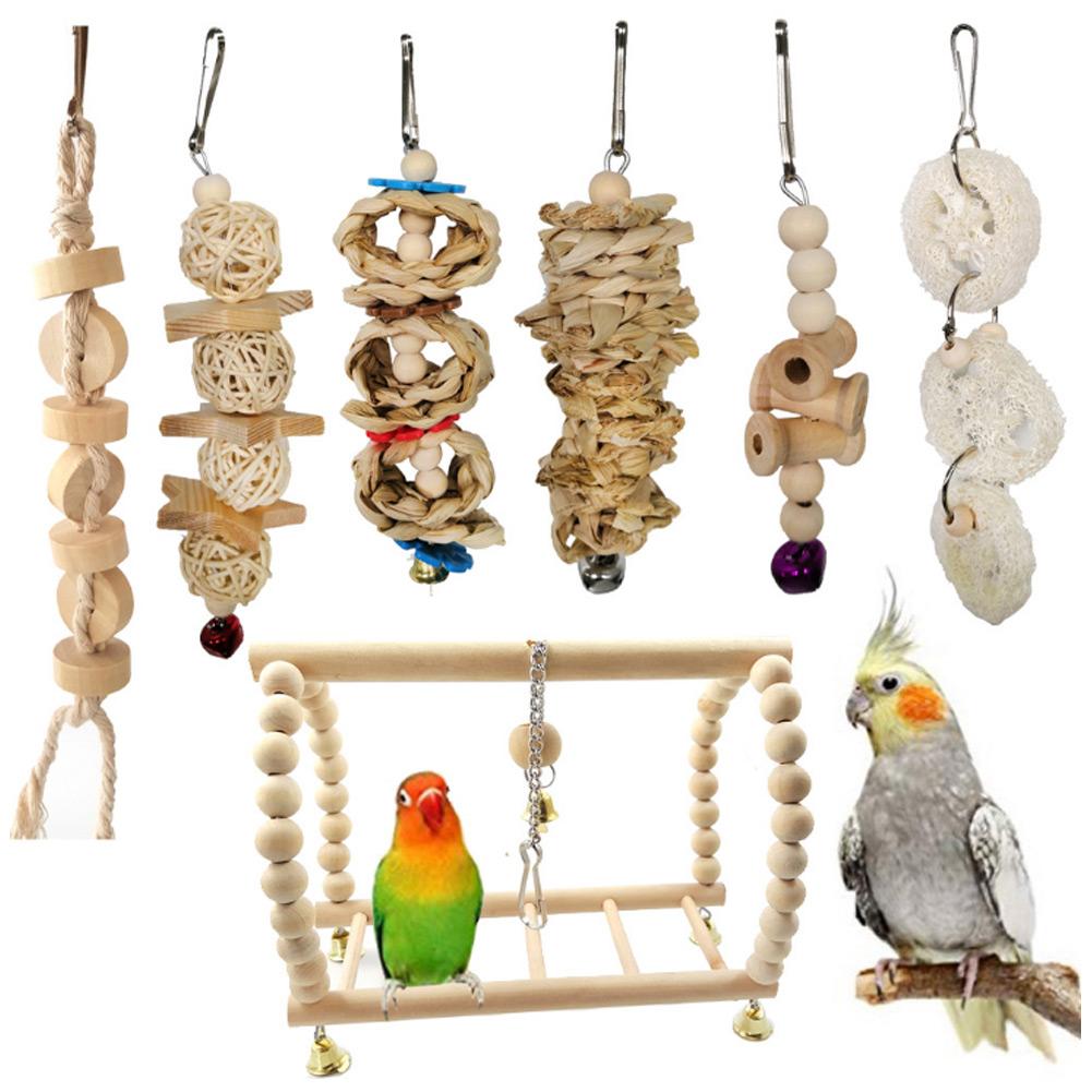 7Pcs Set Bird Chewing Toys Hanging Cage Swing Parrot Standing Climbing Toy