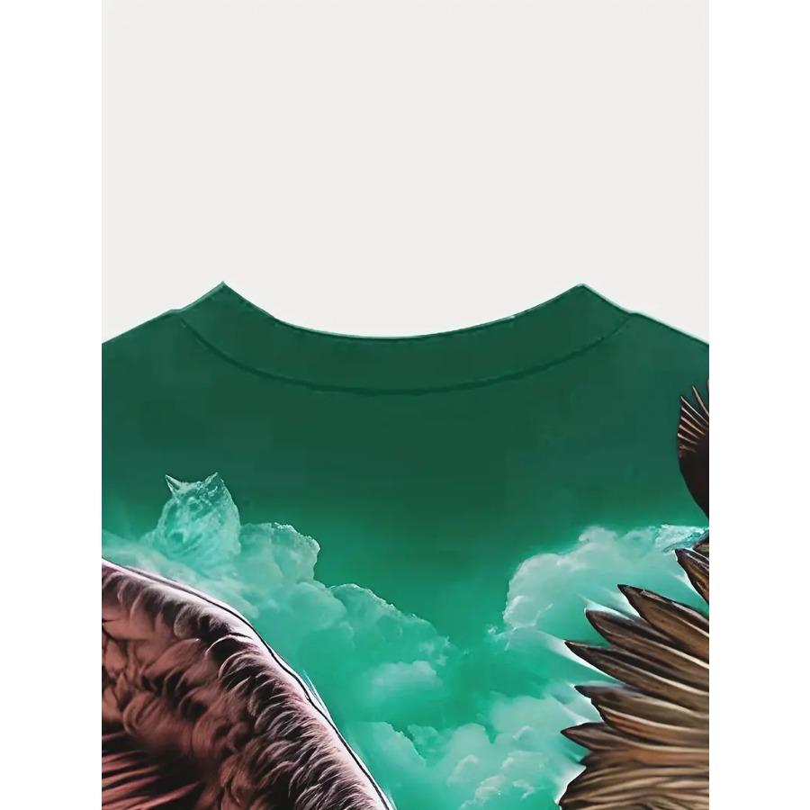 Mens Vintage Eagle Graphic Print T-Shirt - Crew Neck, Short Sleeve, Slight Stretch, Polyester, Regular Fit, Summer Outdoor Tee - Animal Pattern