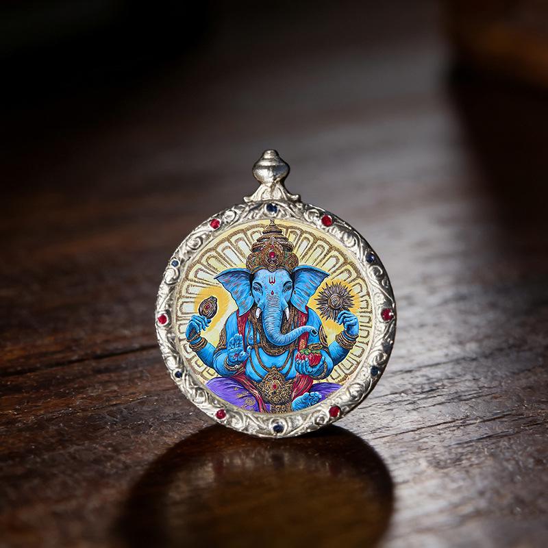 3.5" Silver Conch Shell Copper Thangka Pendant with Green Zhaki Wolf King Design