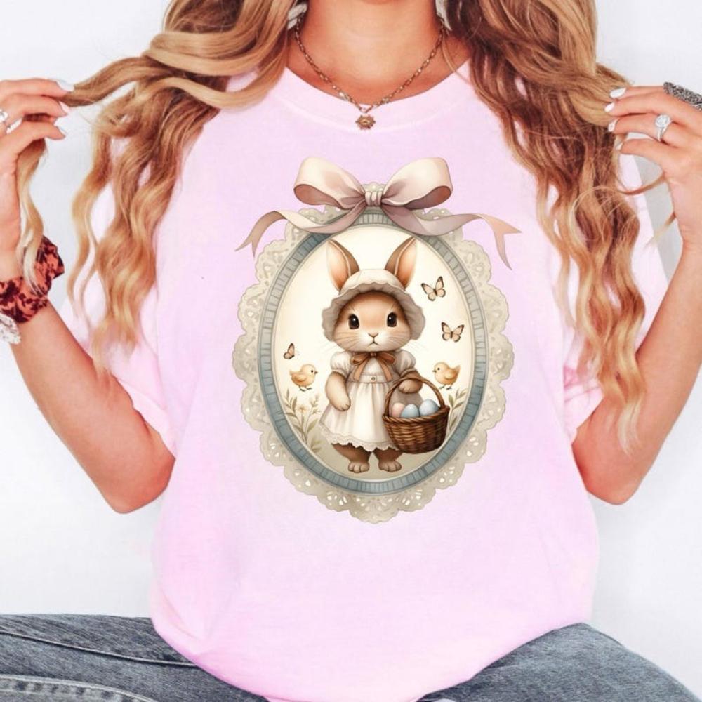 

Vintage Floral Easter Bunny Shirt Women Unisex Casual Cotton Graphic T Shirts Creative Streetwear Camisetas Tops Tee Aesthetic S