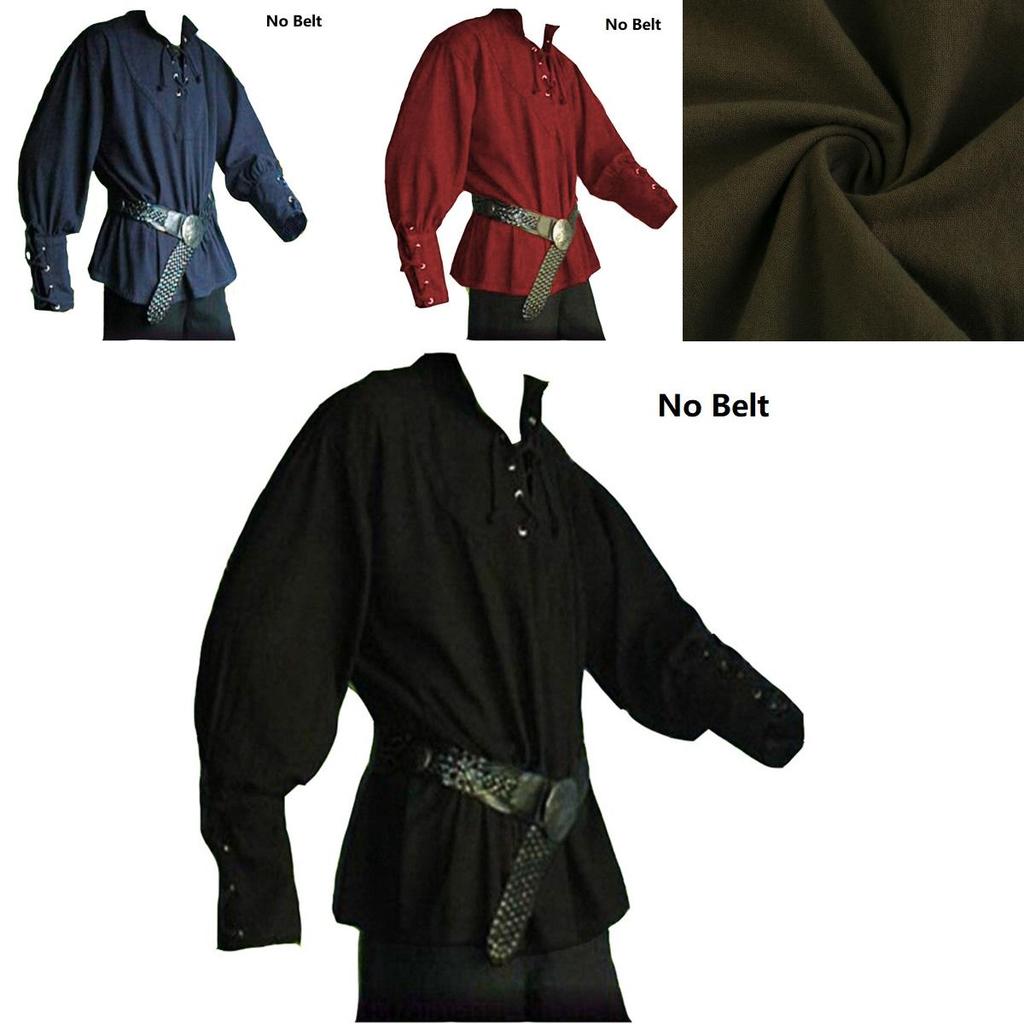 Medieval Renaissance Men Stand-up Collar Knight Top Lace Up T-shirt Costume For Stylish Cosplay
