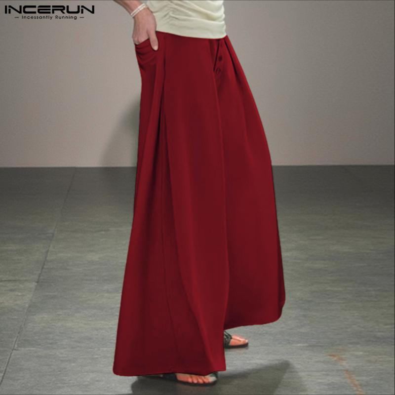 INCERUN Men Casual Elastic Waist Solid Wide Legs Pants Long Trousers with Pockets