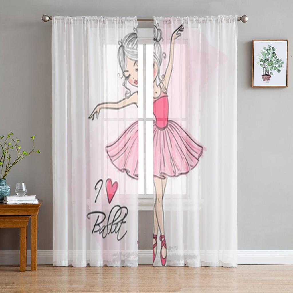 Ballet Dancer Girl Pink Flower Sheer Drapes Window Curtains for Living Room Bedroom Home Decor Cherry Blossoms Chiffon Curtain