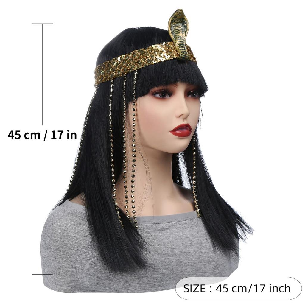 Stylish Queens of Egypt Black Straight Synthetic Wig for Women Snake Headband Included Halloween Party Cosplay Costume Accessory