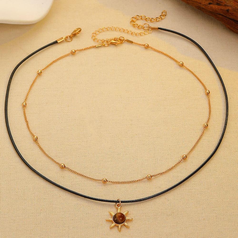 2pcs Set Retro Temperament Tiger's Eye Stone Gold Color Sun Flower Pendant Double Layer Necklace for Women Trendy Jewelry Sets