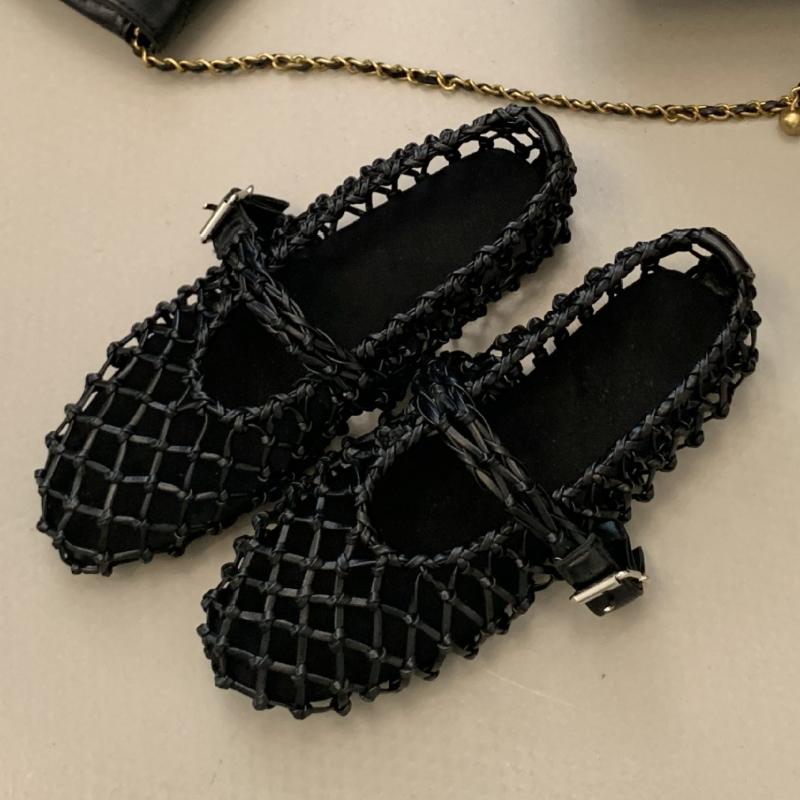 Fashion Luxury Hollow Gold Woven Ballet Flats Women Fashion Round Toe Buckle Brand Designer Shoes Comfortable Shallow Mary Jane Shoes
