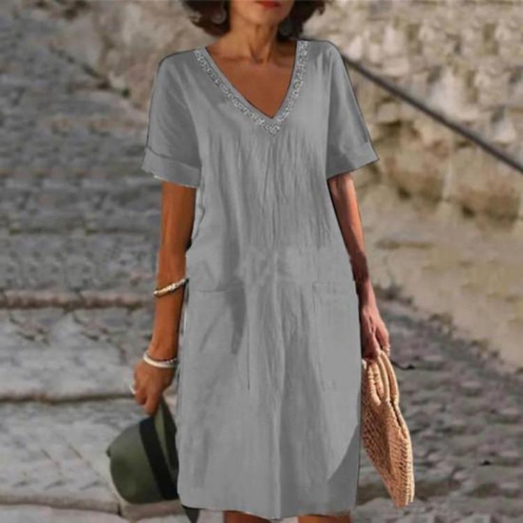 Summer Casual Dress V Neck Short Sleeves High Waist Midi Loose Knee Length Daily Wear Solid Color with Side Pockets