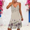 Women Plus Size Light Beige V Neck Double Straps Floral Printed Sleeveless Curved Hem Mini Dress