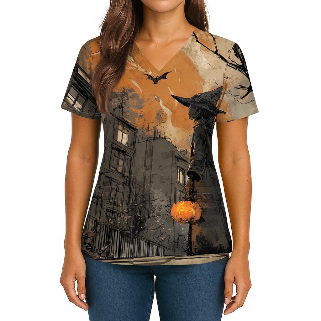 Women's Halloween Printed V-Neck Double Pocket Short Sleeves Hem Slit Uniform Caregiver Top