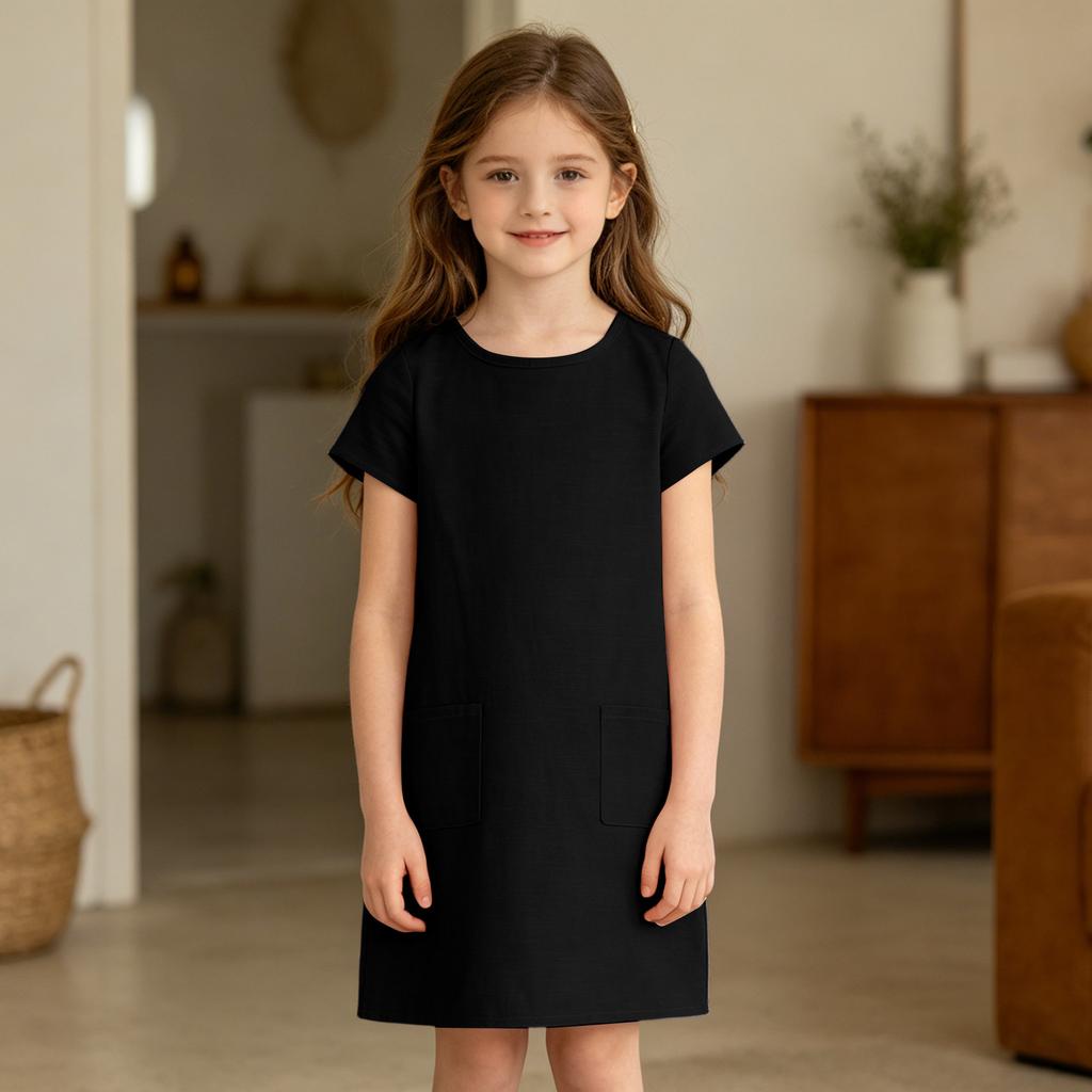 Girls Casual Dress Summer Linen Cotton Blend Short Sleeve Pockets Straight Cut Comfortable Lightweight Dress for Everyday Wear