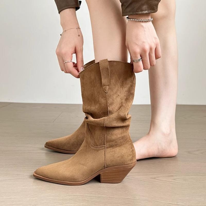 Fashion New 2025 Women's Autumn Winter Ankle Boots Cow Suede Leather Shoes for Women Pointed Toe Short Boots Chunky Shoes Western Boots