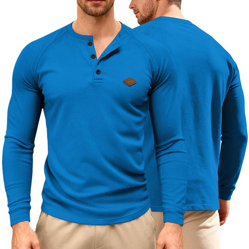 Men's American Casual Waffle Knit Henley T Shirt, Long Sleeve Raglan Button Quick Dry Thin Top for Spring Autumn