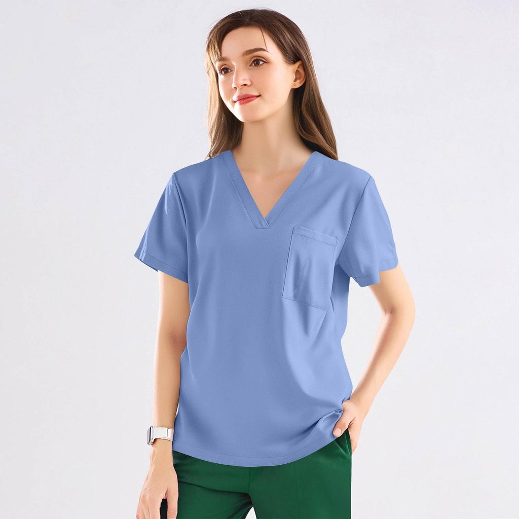 3PC Women's Fashion Solid Short Sleeve V Neck Pattern Tops Pocket Working T-shirts
