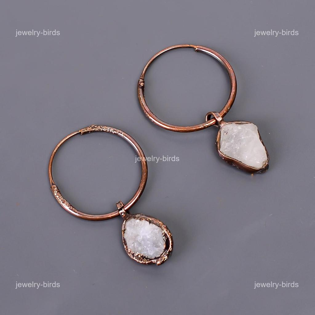 Rainbow Moonstone Gemstone Copper Dangle Birthday Electroformed Earrings Jewelry V-110