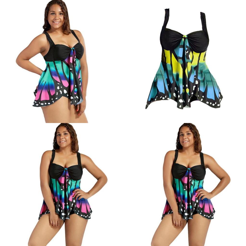 Übergröße Damen Schmetterlingsdruck Hohe Taille Blouson Tankini Stilvolle Bademode für Jeden Anlass