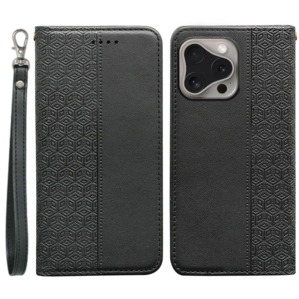 

For iPhone 16 Pro Wallet Phone Case Strong Magnetic Checkered Pattern Imprint Leather Flip Cover Black