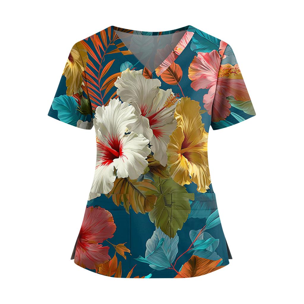 Women's Hawaiian Print V-Neck Double Pocket Short Sleeve Uniform/ Top
