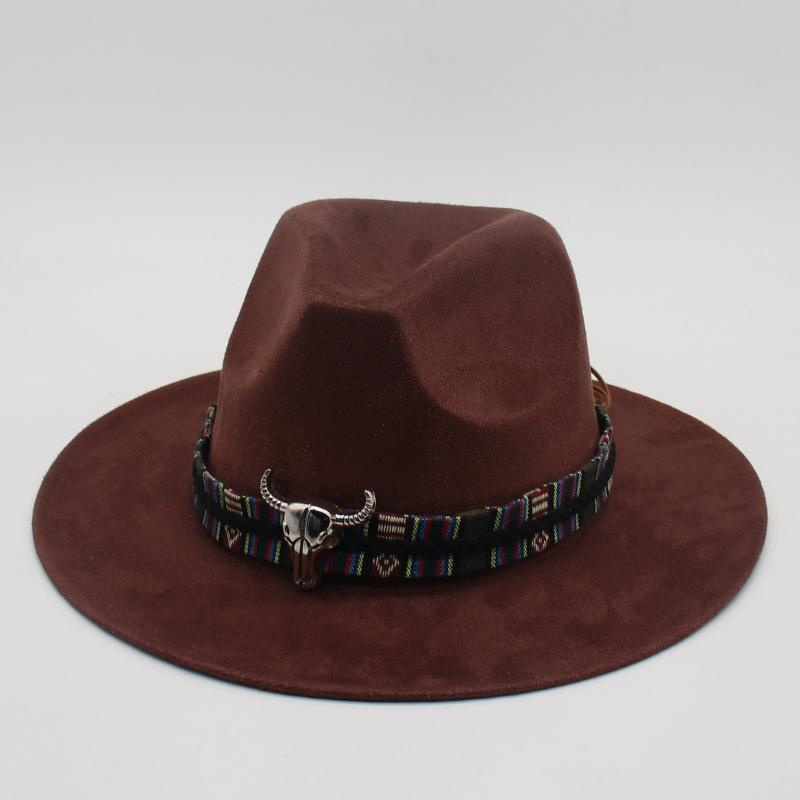 Wind Western Cowboy Hat Horn Woolen Jazz Top Hat Men And Women'S Ethnic Style Felt Hat Big Eaves Hat