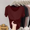 Plus Size Ribbed V-Neck T-Shirt - European Style, Short-Sleeve, Summer 2026, Women's Slimming Top