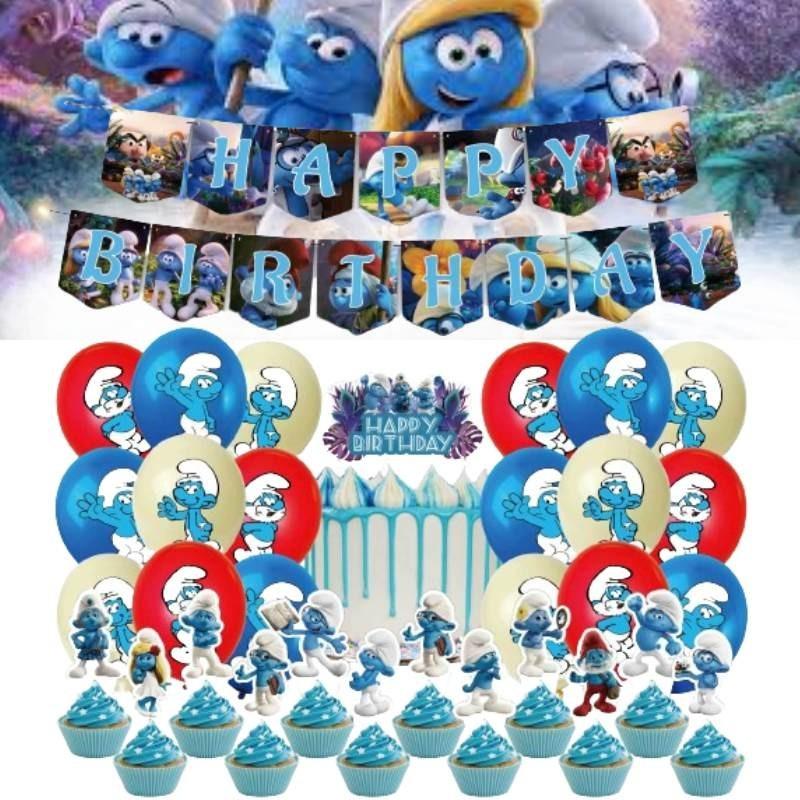 Blue Children Birthday Party Decoration Set Paper Flag Cartoon Cake Insert Balloon