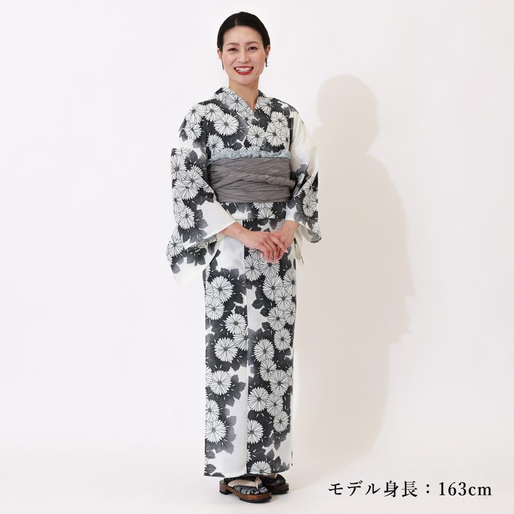 [Kyoto Kimono Yuzen] Women's Yukata Set with Heiko Obi (2-piece set) - Black with Floral Pattern on White Background - Modern Yukata (Black