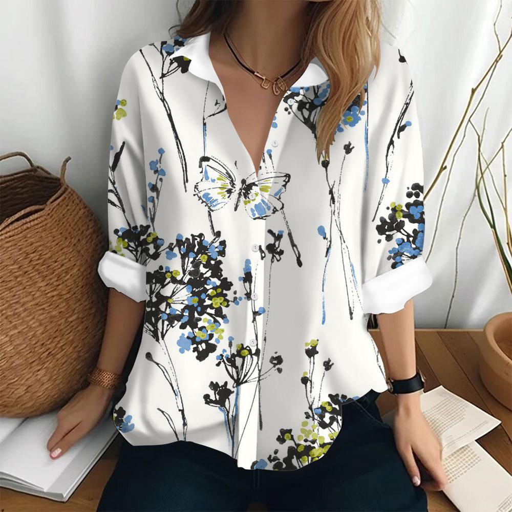 Summer Women's Shirt Long Sleeved Lapel Top Flower Pattern Casual Oversized Button Clothing Women Elegant and Fashionable Shirt
