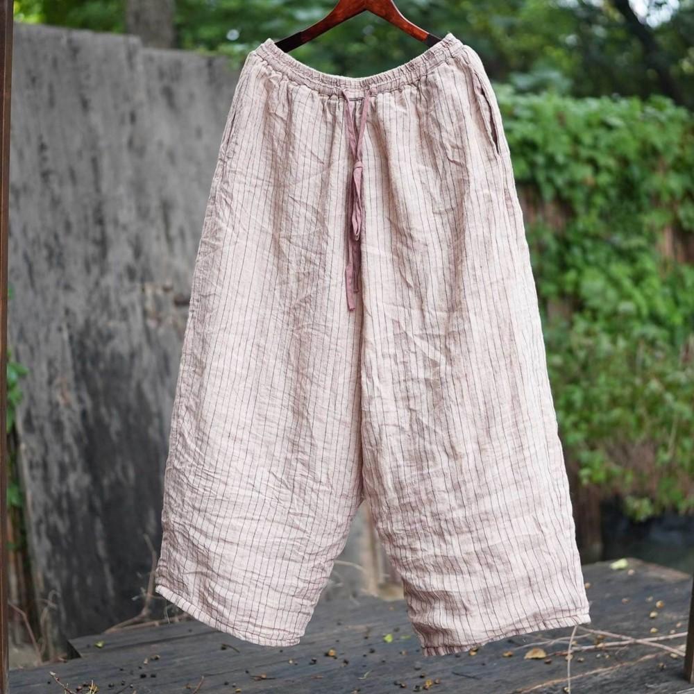 

Johnature Women Vintage Striped Straight Pants Elastic Waist Loose Trousers Spring Casual Soft Female Pockets Pants One Size бежевый