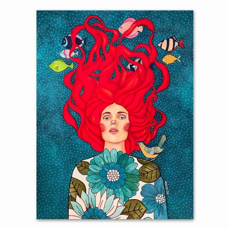 Abstraktní dívka vlasy květina pták nástěnná malba na plátně plakáty na severské téma a tisky vintage nástěnné panely pro dekor obývacího pokoje bez rámů