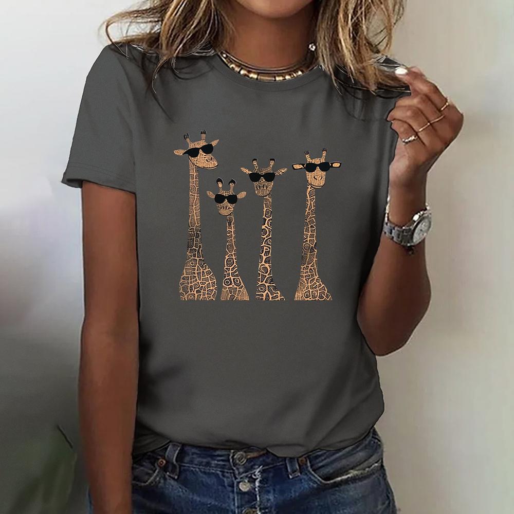 

Женские футболки с круглым вырезом и принтом жирафа, повседневные летние пуловеры, свободные футболки с короткими рукавами, женская модная одежда, размеры S-4xl L