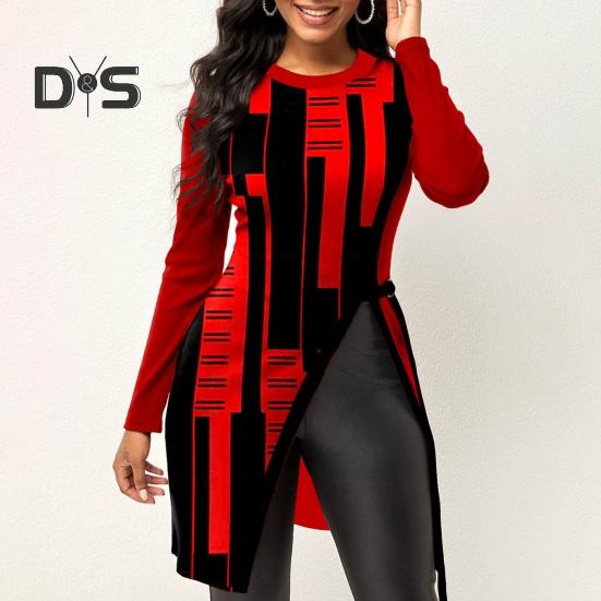Women Autumn Winter Geometric Print Blouse O Neck Long Sleeve Side Split Hem Mid Length Pullover Tunic Tops Streetwear