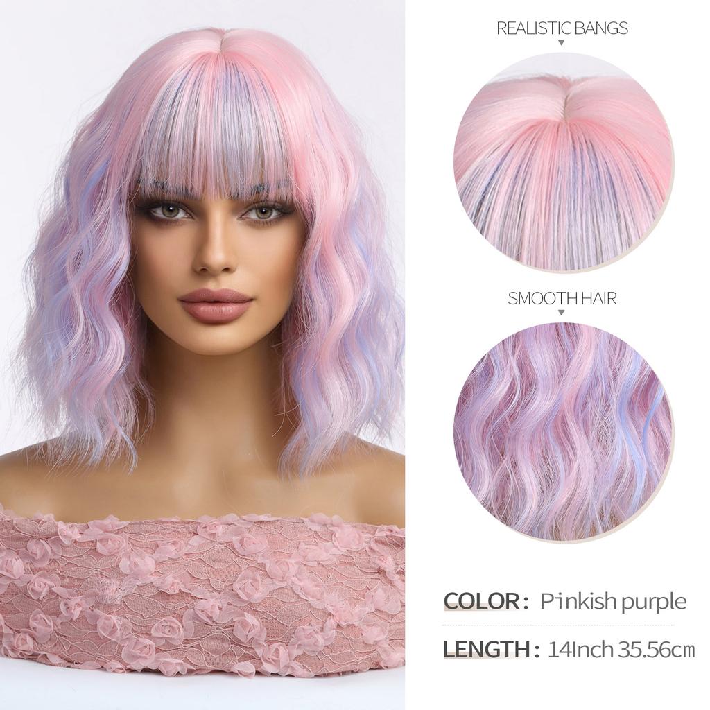Pink Purple Mixed Blue Curly Wavy Synthetic Wigs with Bangs for Women Colorful Party Cosplay Natural Hair Wig Heat Resistant Use