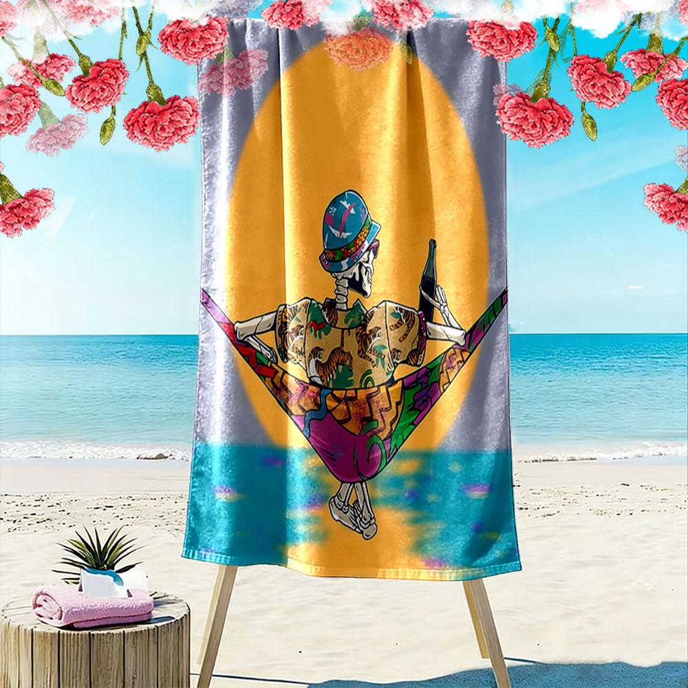 Skeleton's Tropical Escape Print Beach Towel, Quick Drying, Suitable for Travel, Outdoor Sports, Jogging, the Beach and Swimming, Gift