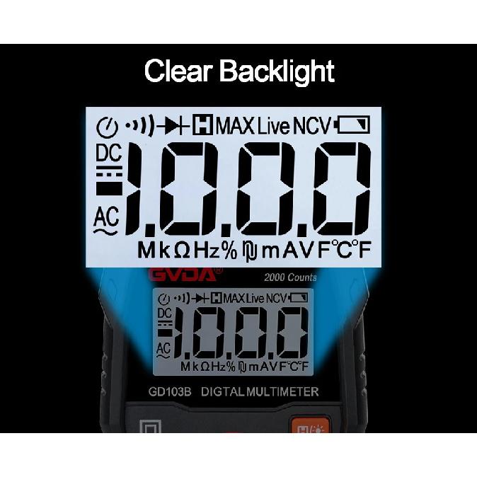 GVDA Digital Multimeter DMM Voltmeter True RMS AC DC Ohm Voltage Meter Resistance Tester 2000 Counts Multitester Diode Tester