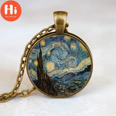 Hi New Classic Starry Night Pendant Van Gogh Necklace Glass Art Painting Pendants Vintage Jewelry Moon Stars Necklaces