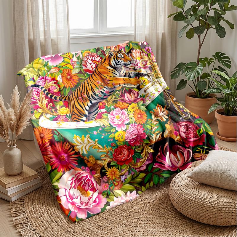 Tiger In Floral Bathtub 3 Theme Blanket Lightweight Warm Flannel Blanket Decorative Throw Blanket for Home Decoration