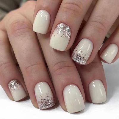 24 Pcs Short Square False Nail Solid Color Artificial Nail French Tip Full Cover Stick On Nail Glossy Press On Nail