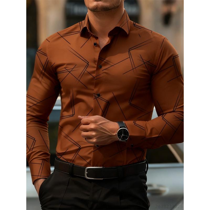 Herren Trendiges geometrisches Linienmuster Langarmhemd Business Casual Mode Design Slim Fit Bügelfrei Vielseitig Ins Style Hemd