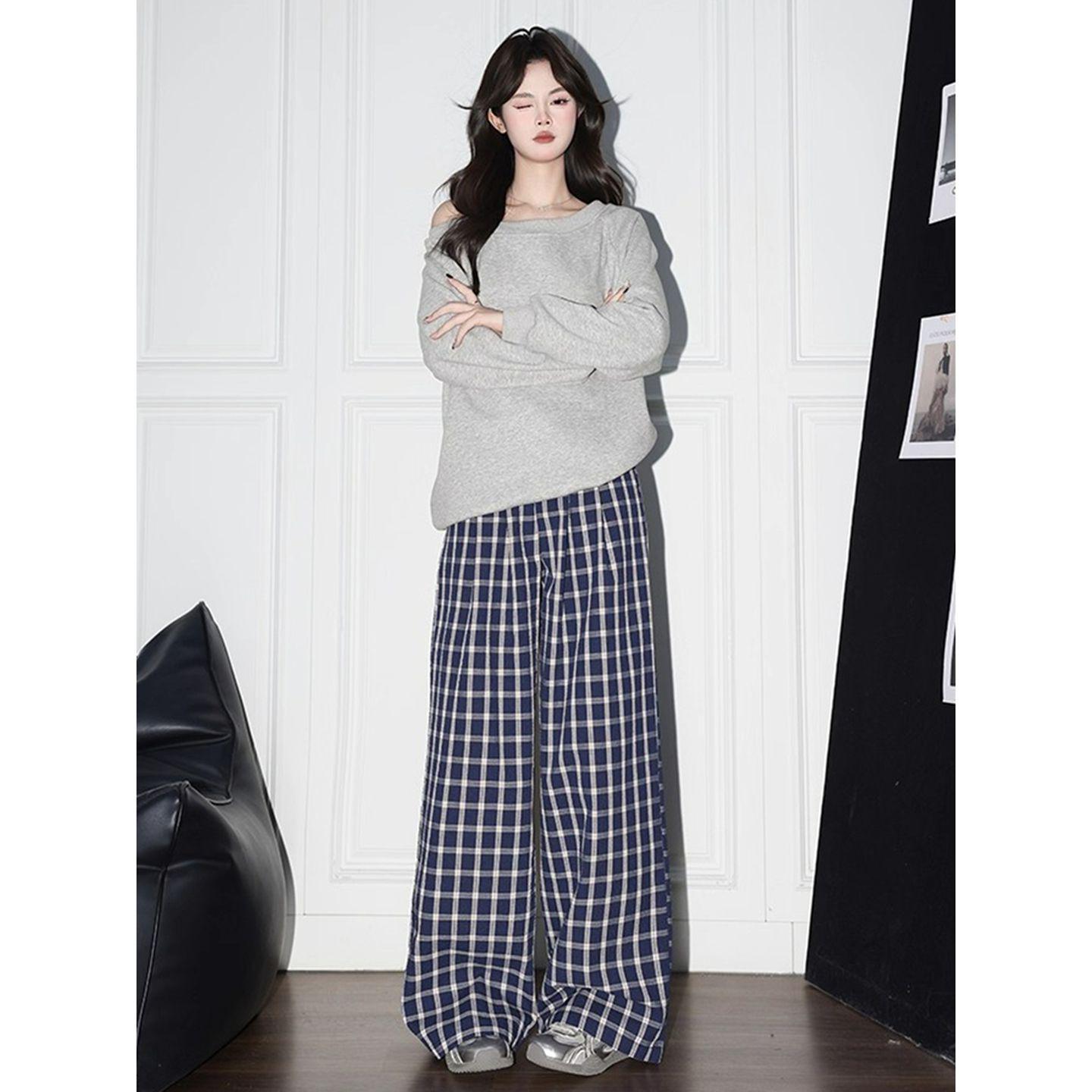Women s Retro Blue Plaid High-Waist Wide-Leg Pants - Spring/Autumn 2026 Collection - Casual Floor-Length Style L синий